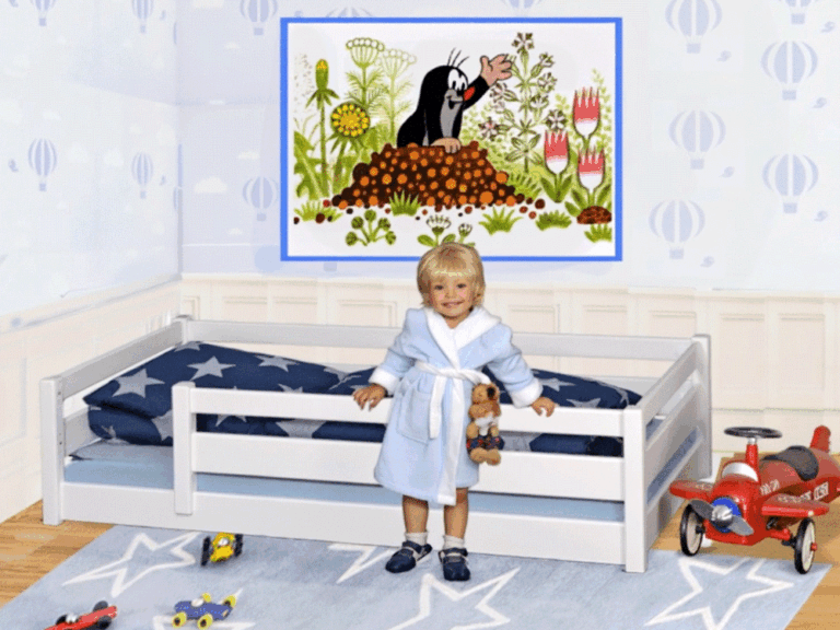 Kinderbett PICCO-180 in Montessori-Höhe bodennah aufgebaut / SALTO Kindermöbel München