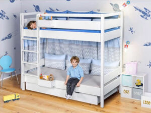 Kinderbett KINTO<br>Etagenbett mit Schublade<br>Buchenholz weiß lackiert