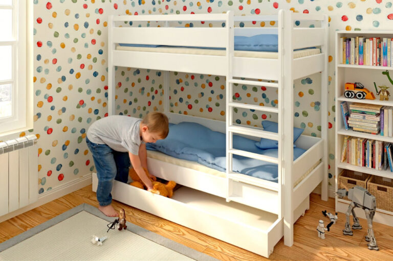 Kinderbett KINTO / Etagenbett mit Schublade / Buchenholz weiß lackiert / SALTO Kindermöbel München