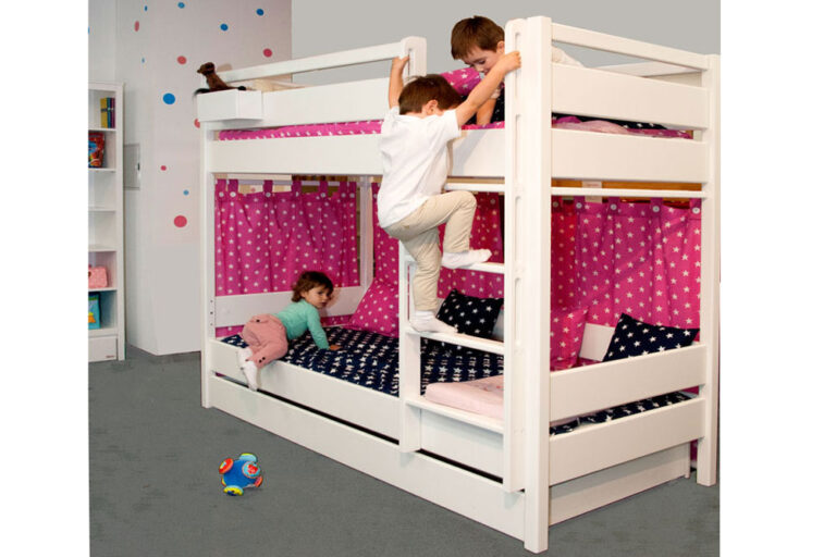 Kinderbett KINTO / Etagenbett mit Schublade / Buchenholz weiß lackiert / SALTO Kindermöbel München