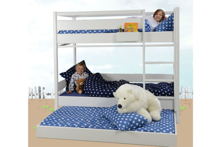 Kinderbett KINTO / Etagenbett mit Schublade / Buchenholz weiß lackiert / SALTO Kindermöbel München