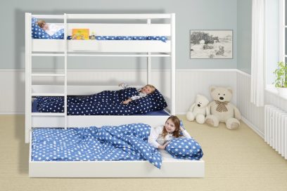 Kinderbett KINTO / Etagenbett mit Schublade / Buchenholz weiß lackiert / SALTO Kindermöbel München